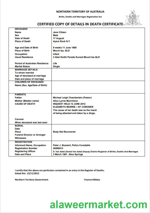 Australia Northern Territory of Australia death certificate template in Word format